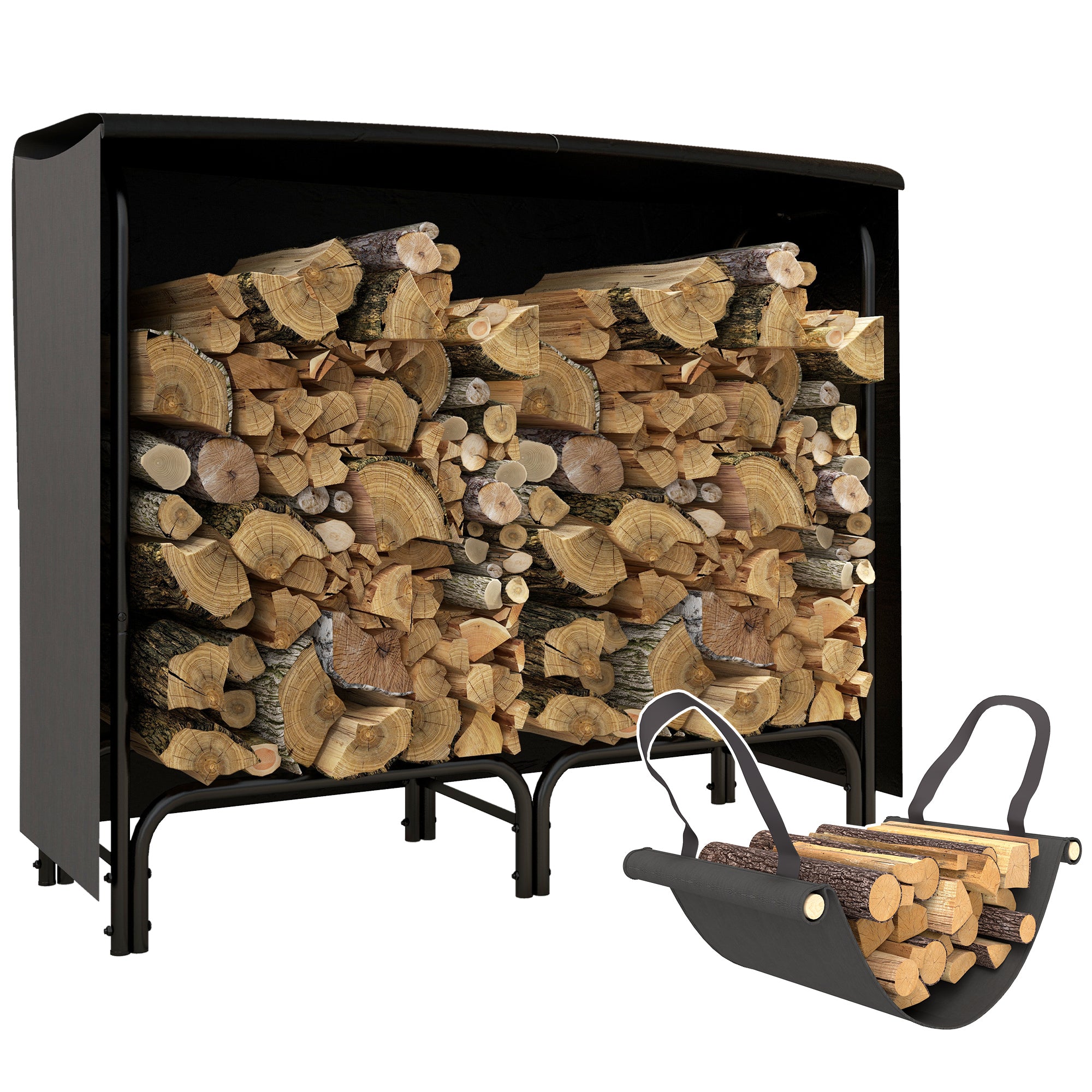Firewood Rack Metal 120 x 36 x 99cm Firewood Rack with Waterproof Cover Protective Cover Outdoor Wood Rack up to 150kg Firewood Rack for Firewood, Fireplace Wood Storage for Garden Outside Black