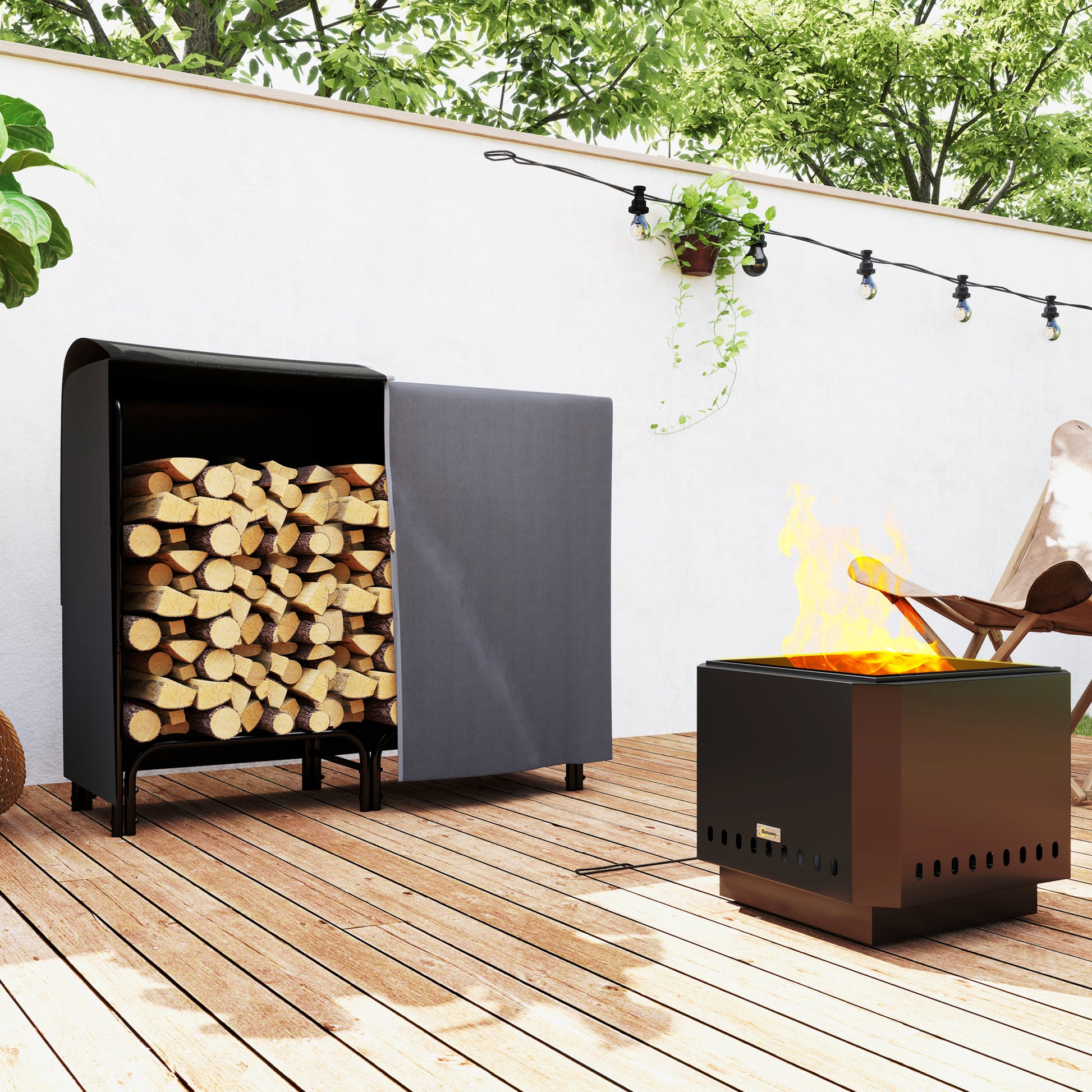 Firewood Rack Metal 120 x 36 x 99cm Firewood Rack with Waterproof Cover Protective Cover Outdoor Wood Rack up to 150kg Firewood Rack for Firewood, Fireplace Wood Storage for Garden Outside Black