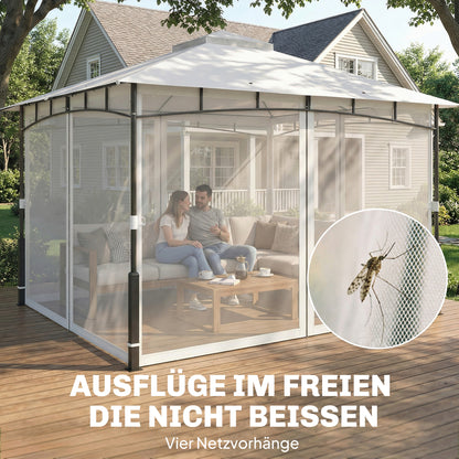 Gazebo 3.6 x 3.0 m (11 ft 9.7 in x 9 ft 10.1 in) — Water-Resistant Metal Garden Pavilion with Mosquito Net, Double Roof, Wood-Effect Posts, Black