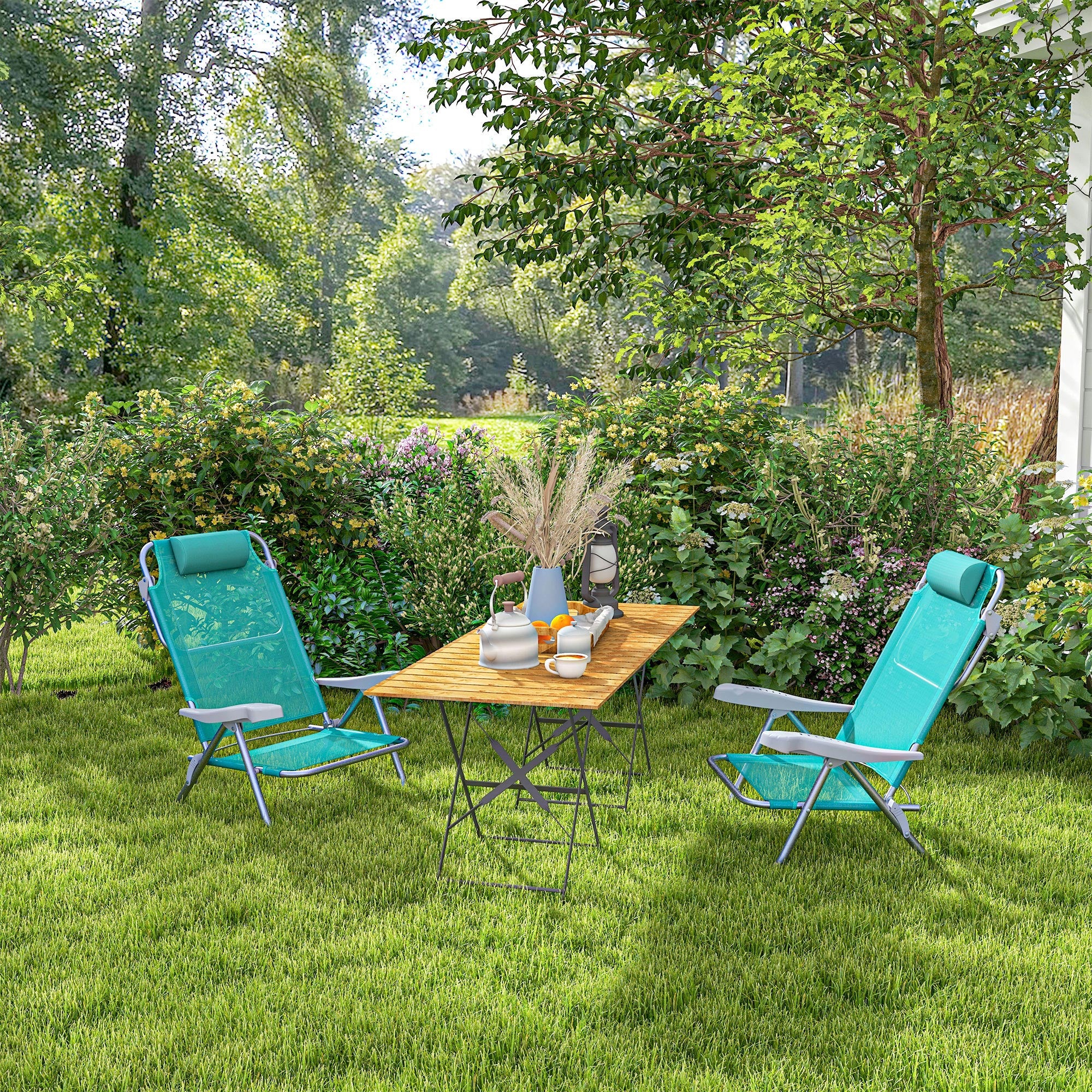 Set of 2 folding garden chairs portable fishing chair camping chair adjustable 6-level reclining backrest - aluminum dim. 62L x 65W x 80H cm cyan