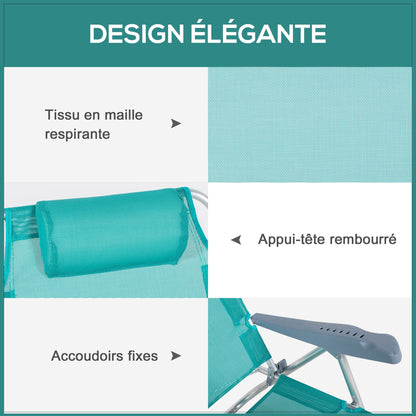 Set of 2 folding garden chairs portable fishing chair camping chair adjustable 6-level reclining backrest - aluminum dim. 62L x 65W x 80H cm cyan