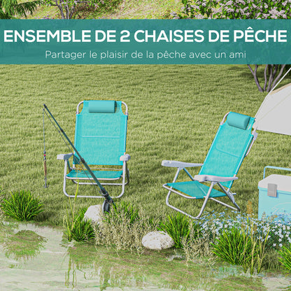 Set of 2 folding garden chairs portable fishing chair camping chair adjustable 6-level reclining backrest - aluminum dim. 62L x 65W x 80H cm cyan