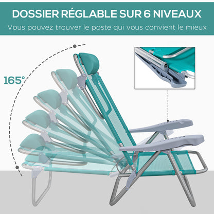 Set of 2 folding garden chairs portable fishing chair camping chair adjustable 6-level reclining backrest - aluminum dim. 62L x 65W x 80H cm cyan