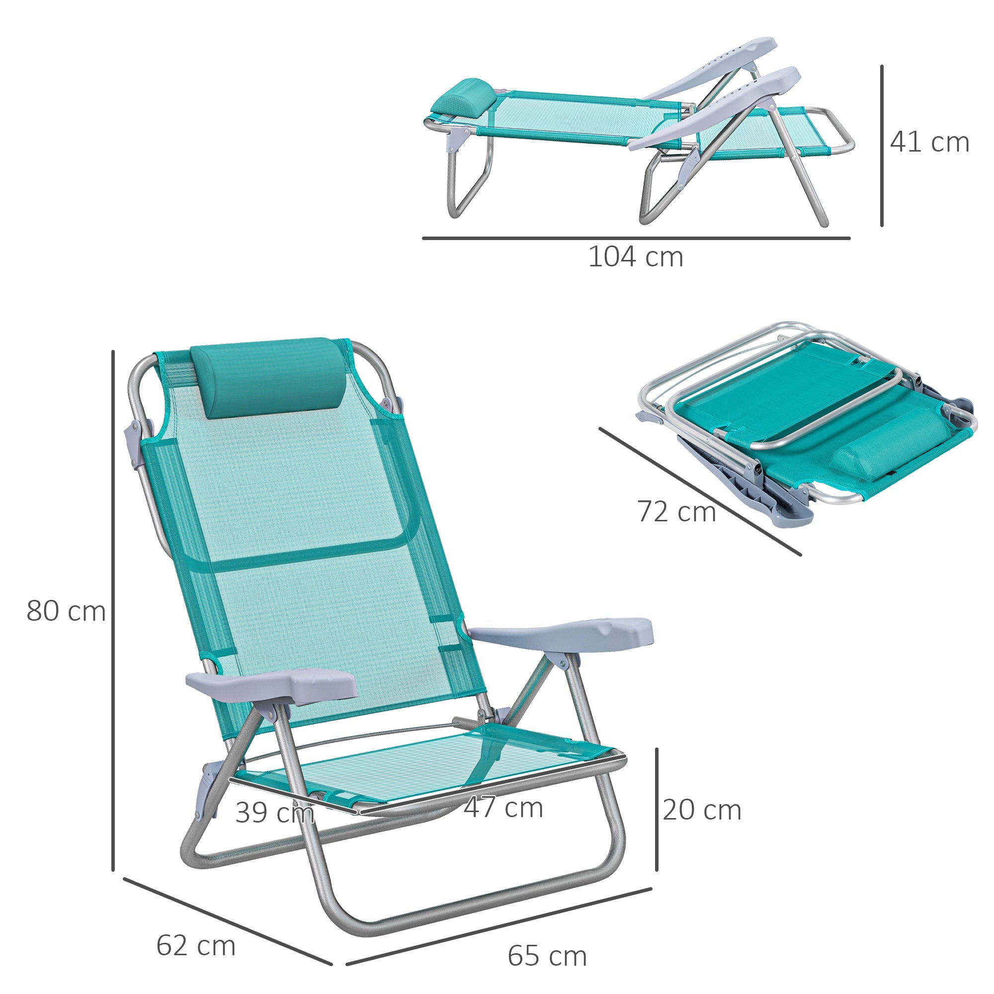 Set of 2 folding garden chairs portable fishing chair camping chair adjustable 6-level reclining backrest - aluminum dim. 62L x 65W x 80H cm cyan