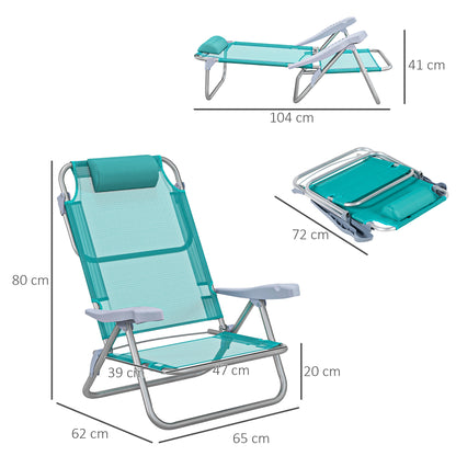 Set of 2 folding garden chairs portable fishing chair camping chair adjustable 6-level reclining backrest - aluminum dim. 62L x 65W x 80H cm cyan