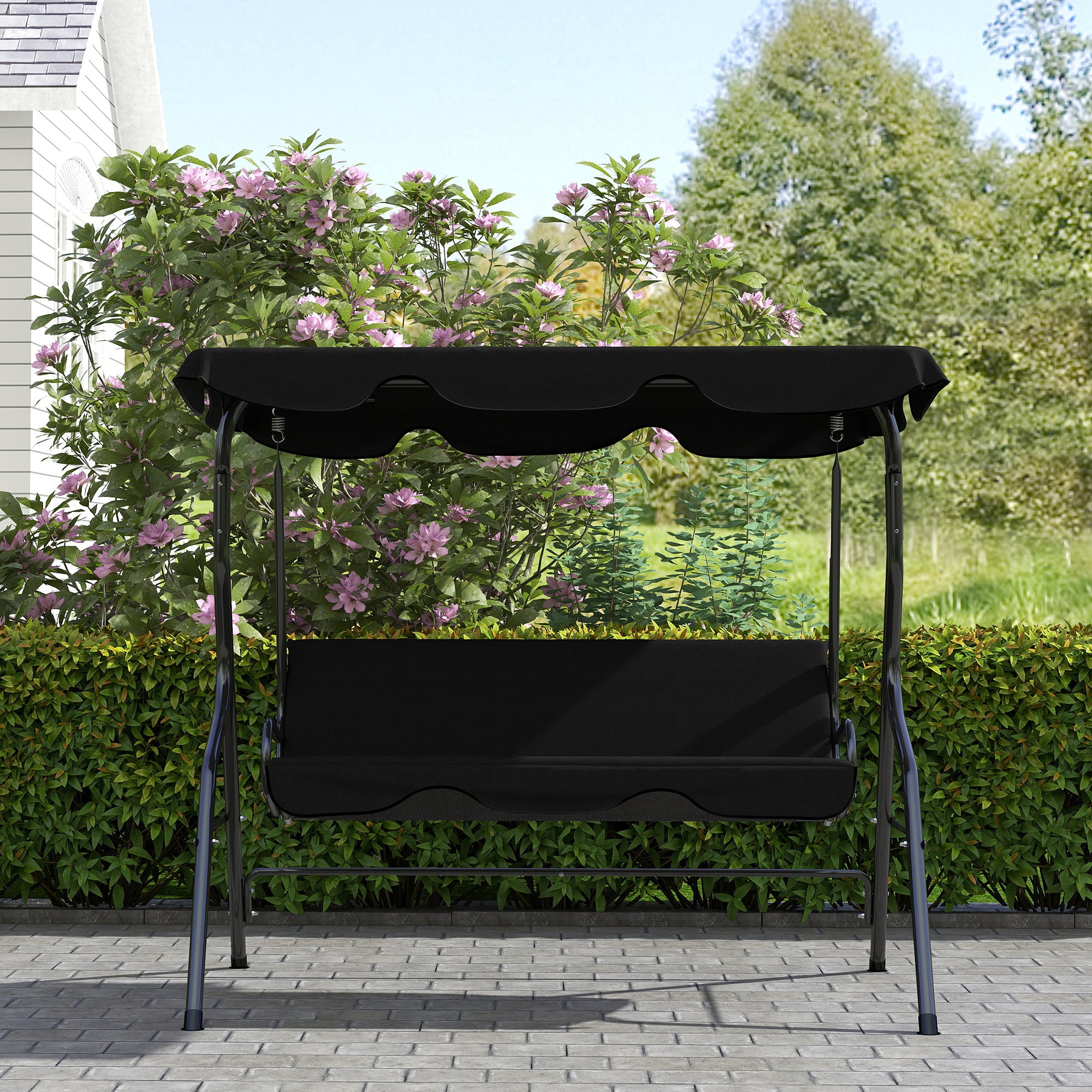3-Seater Garden Swing with Waterproof Roof Adjustable Tilt Seat Cushions Backrest 1.7L x 1.1W x 1.53H m Steel Polyester Black