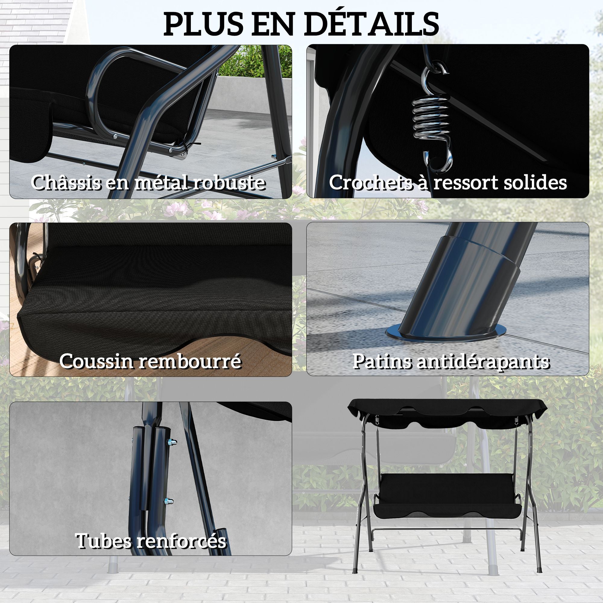 3-Seater Garden Swing with Waterproof Roof Adjustable Tilt Seat Cushions Backrest 1.7L x 1.1W x 1.53H m Steel Polyester Black