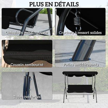 3-Seater Garden Swing with Waterproof Roof Adjustable Tilt Seat Cushions Backrest 1.7L x 1.1W x 1.53H m Steel Polyester Black