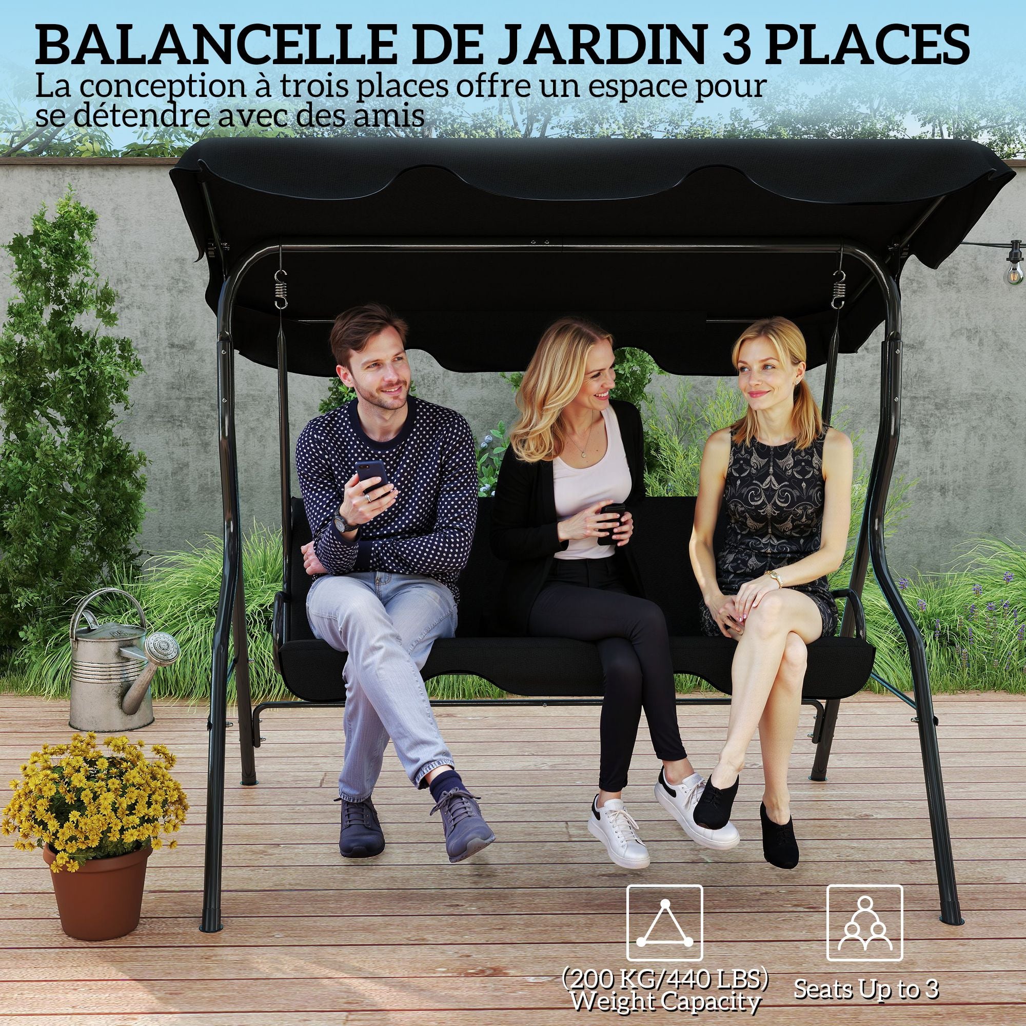 3-Seater Garden Swing with Waterproof Roof Adjustable Tilt Seat Cushions Backrest 1.7L x 1.1W x 1.53H m Steel Polyester Black