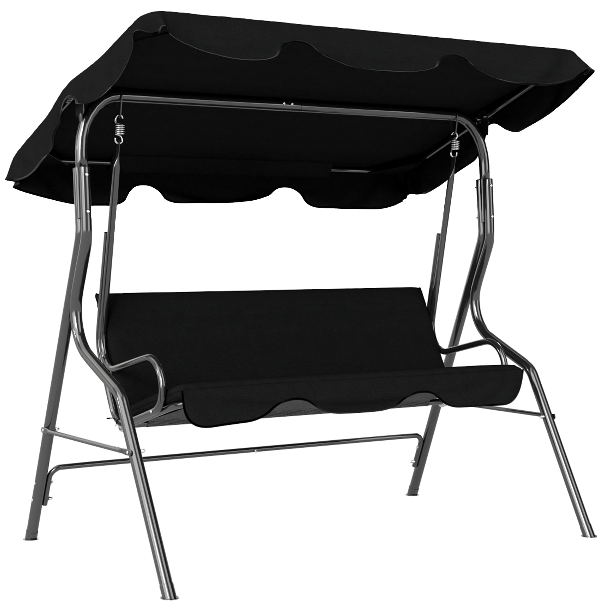 3-Seater Garden Swing with Waterproof Roof Adjustable Tilt Seat Cushions Backrest 1.7L x 1.1W x 1.53H m Steel Polyester Black