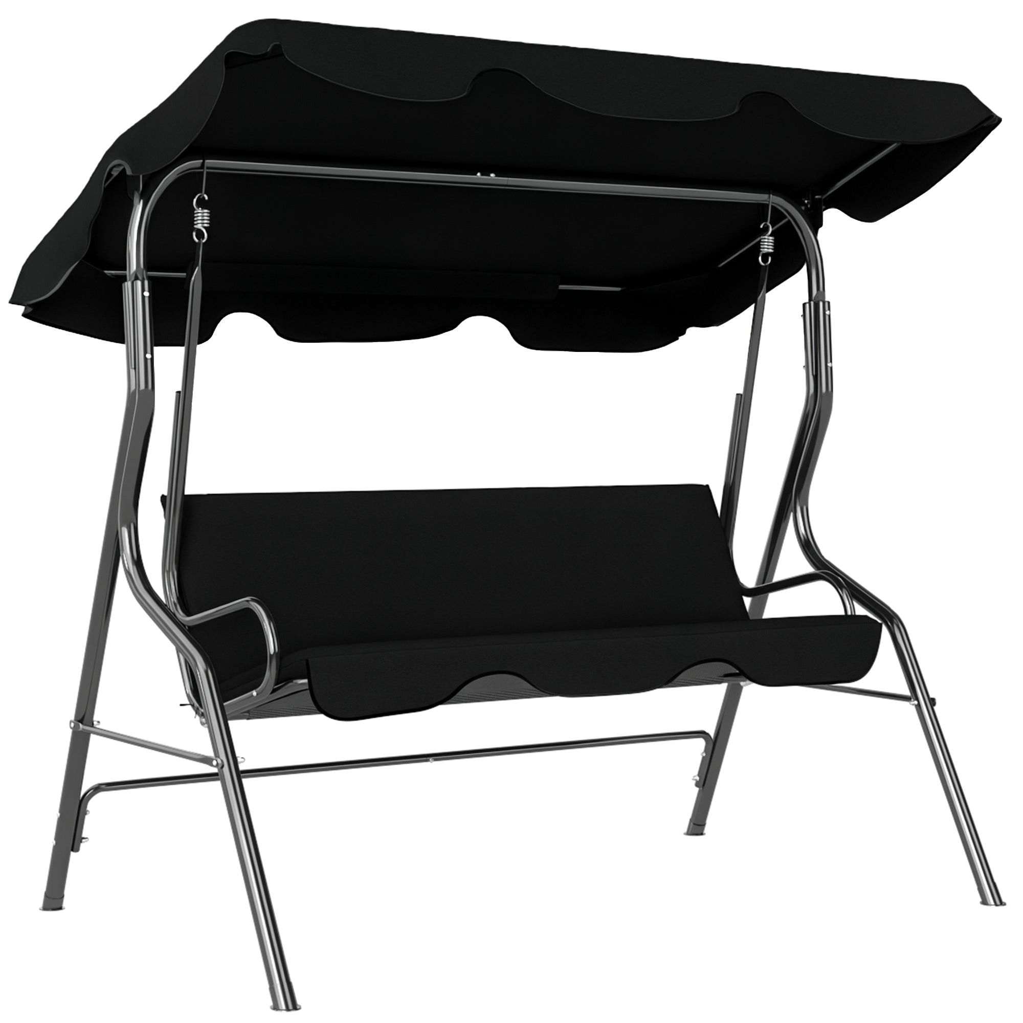 3-Seater Garden Swing with Waterproof Roof Adjustable Tilt Seat Cushions Backrest 1.7L x 1.1W x 1.53H m Steel Polyester Black