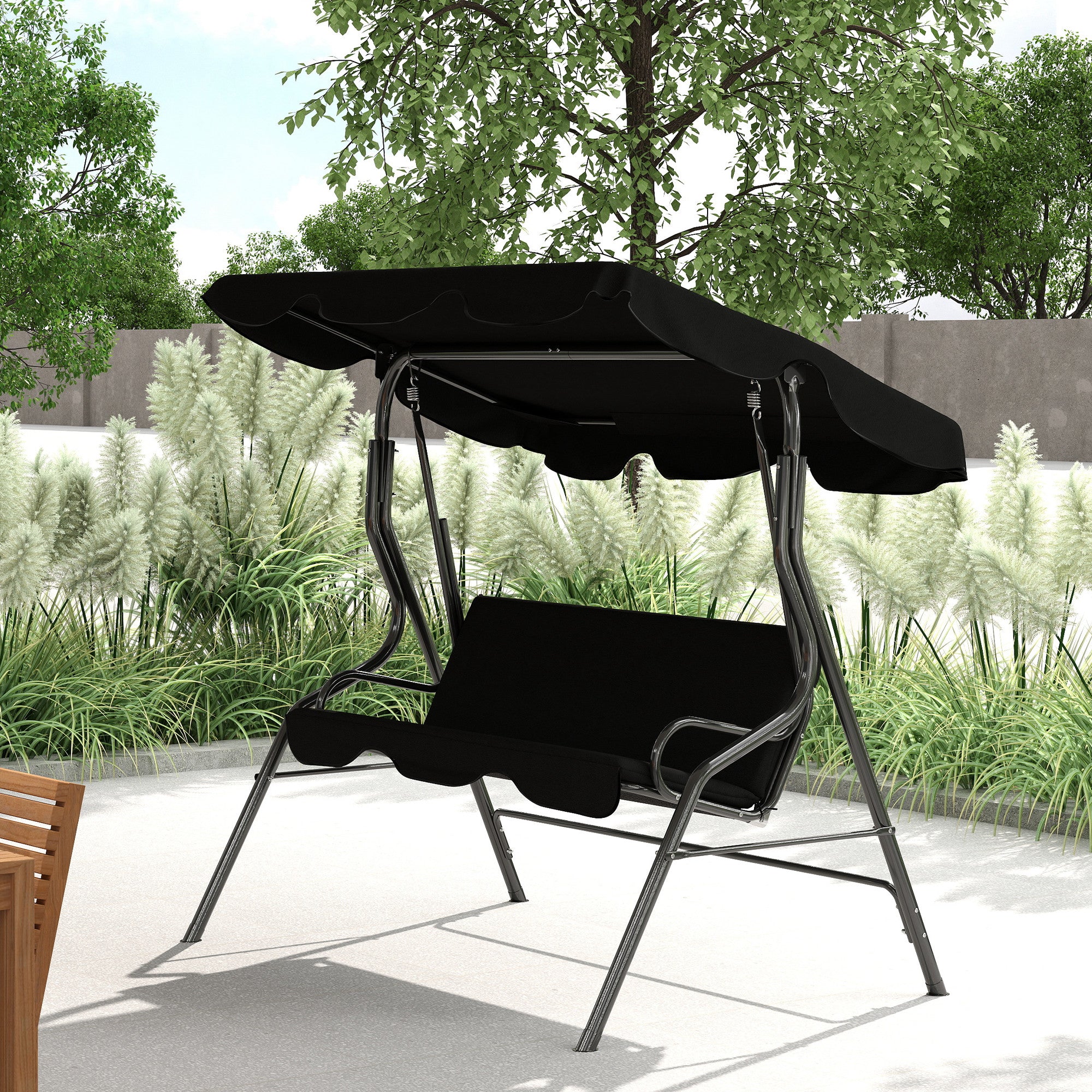 3-Seater Garden Swing with Waterproof Roof Adjustable Tilt Seat Cushions Backrest 1.7L x 1.1W x 1.53H m Steel Polyester Black