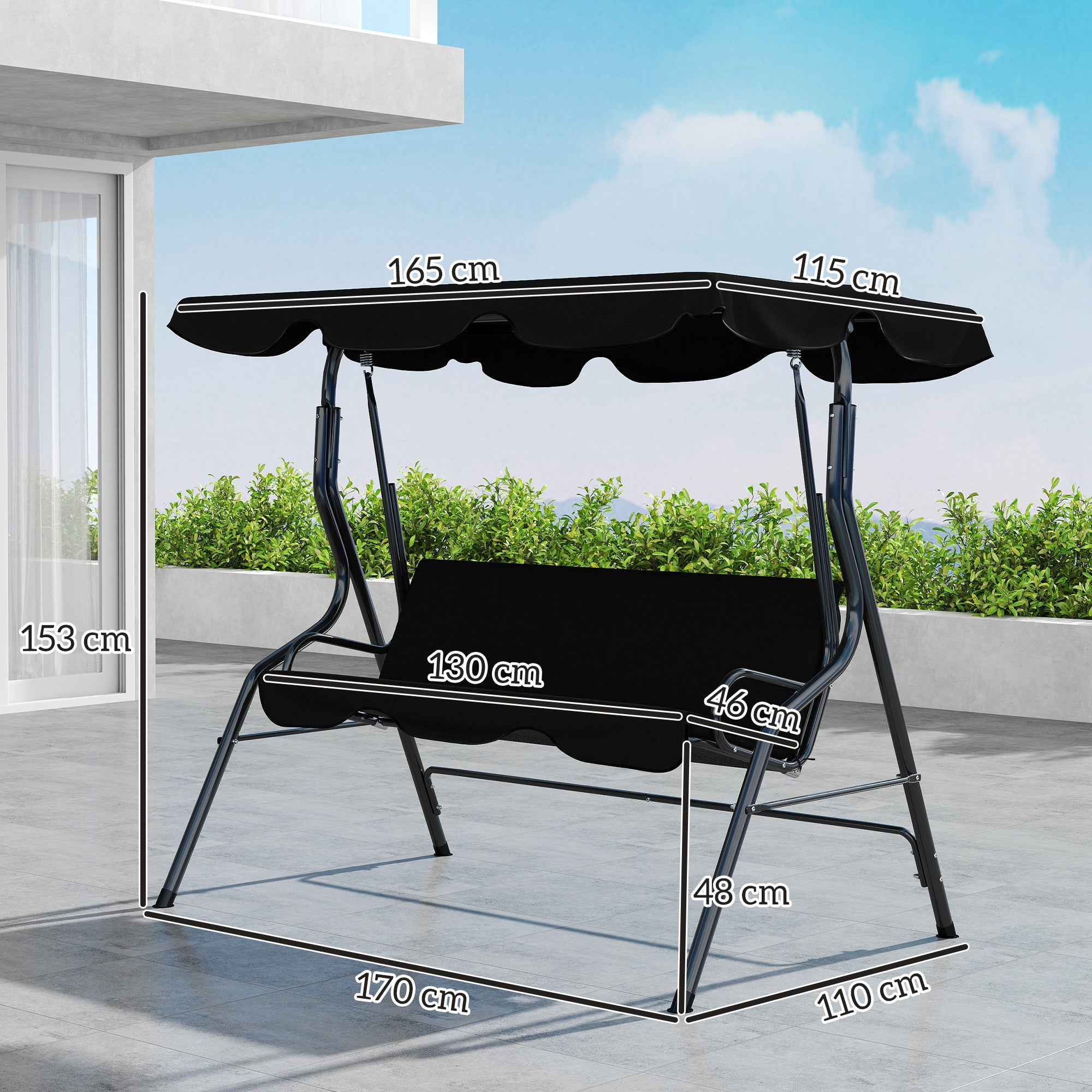 3-Seater Garden Swing with Waterproof Roof Adjustable Tilt Seat Cushions Backrest 1.7L x 1.1W x 1.53H m Steel Polyester Black