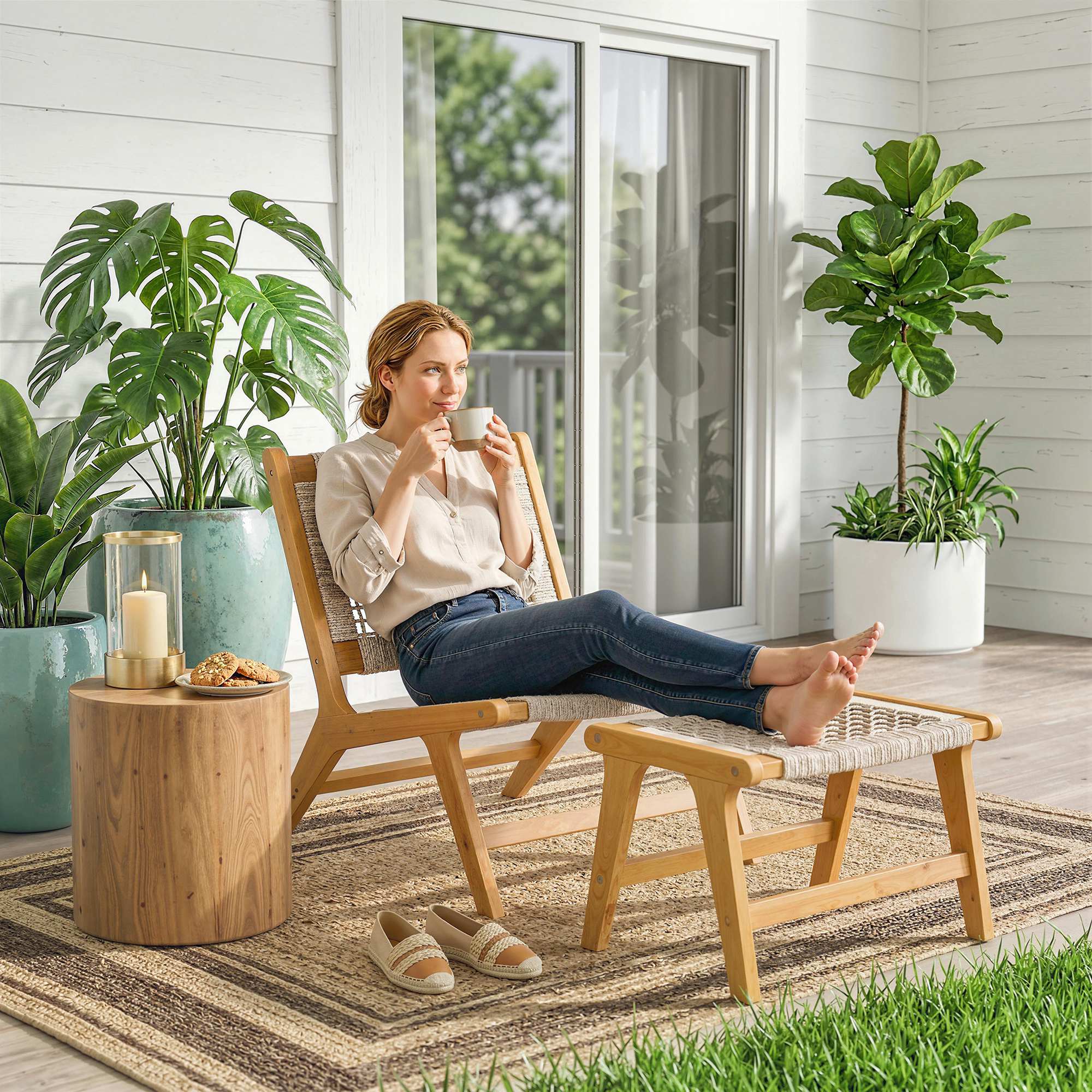 2-Piece Acacia Wood Outdoor Lounge Chair with Ottoman – FSC-Certified, Polyrattan Rattan Seat, Boho Style, Adjustable Feet, Beige (350 lb)