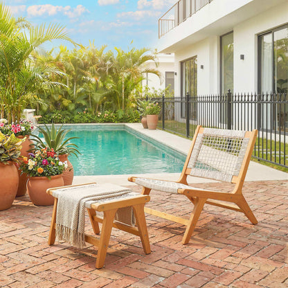 2-Piece Acacia Wood Outdoor Lounge Chair with Ottoman – FSC-Certified, Polyrattan Rattan Seat, Boho Style, Adjustable Feet, Beige (350 lb)