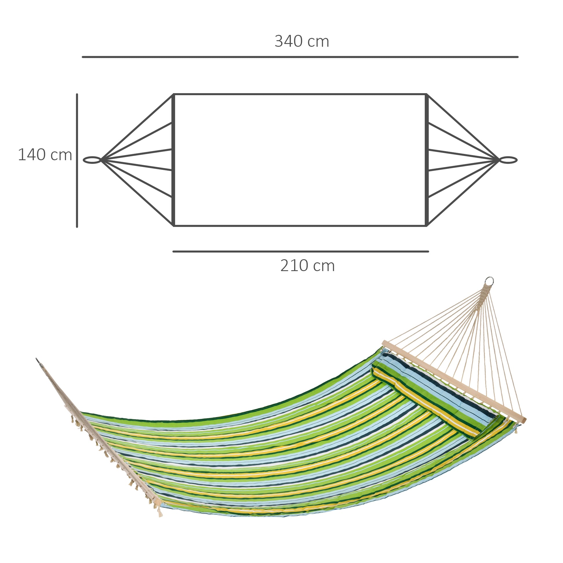 Garden Hanging Hammock for 2 People Eco-Friendly Camping Hammock with Pillow 180 kg Load Blue and Green Stripes 3.4x1.4m