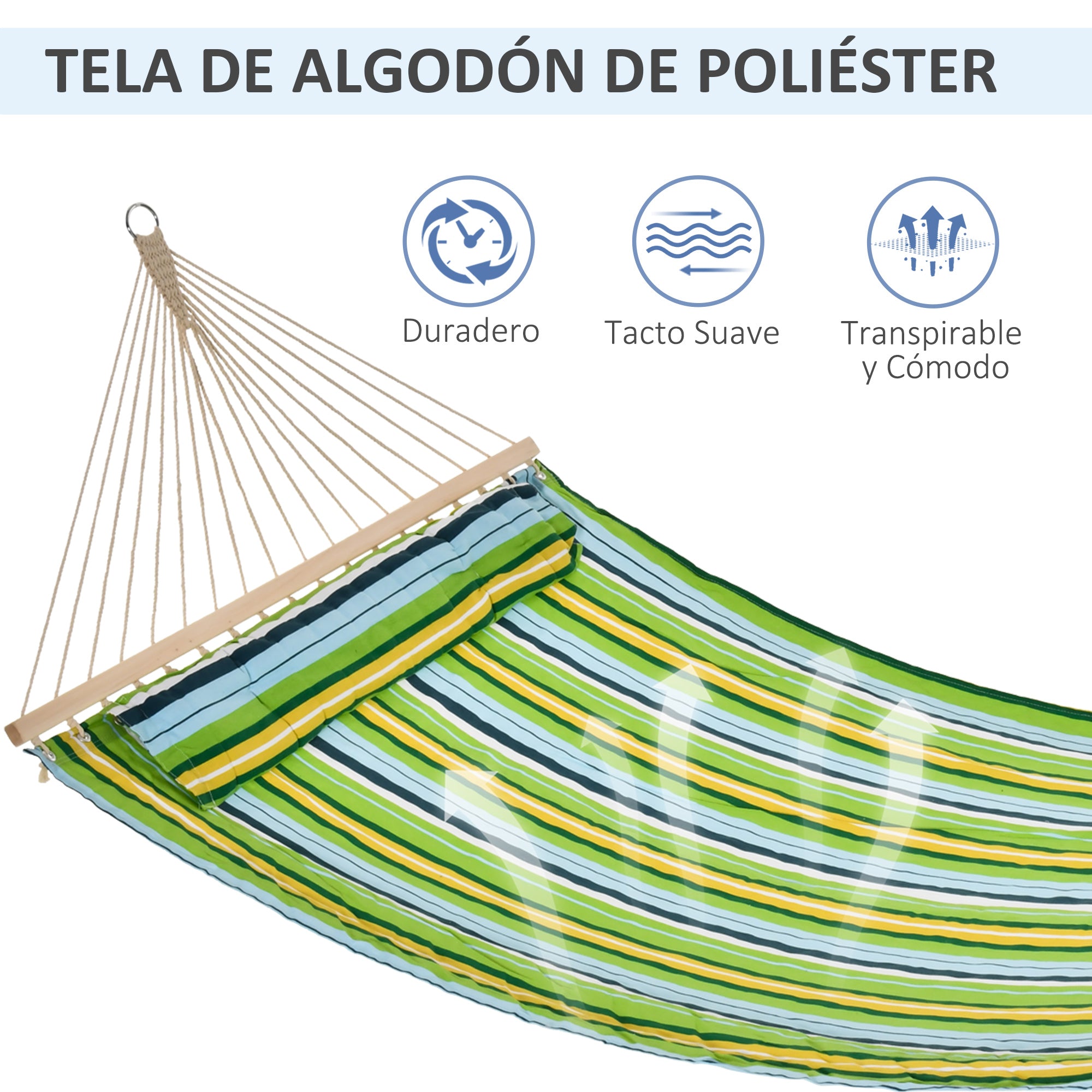 Garden Hanging Hammock for 2 People Eco-Friendly Camping Hammock with Pillow 180 kg Load Blue and Green Stripes 3.4x1.4m