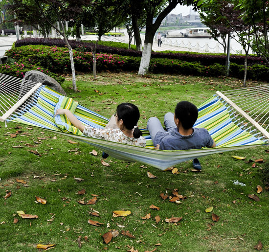 Garden Hanging Hammock for 2 People Eco-Friendly Camping Hammock with Pillow 180 kg Load Blue and Green Stripes 3.4x1.4m