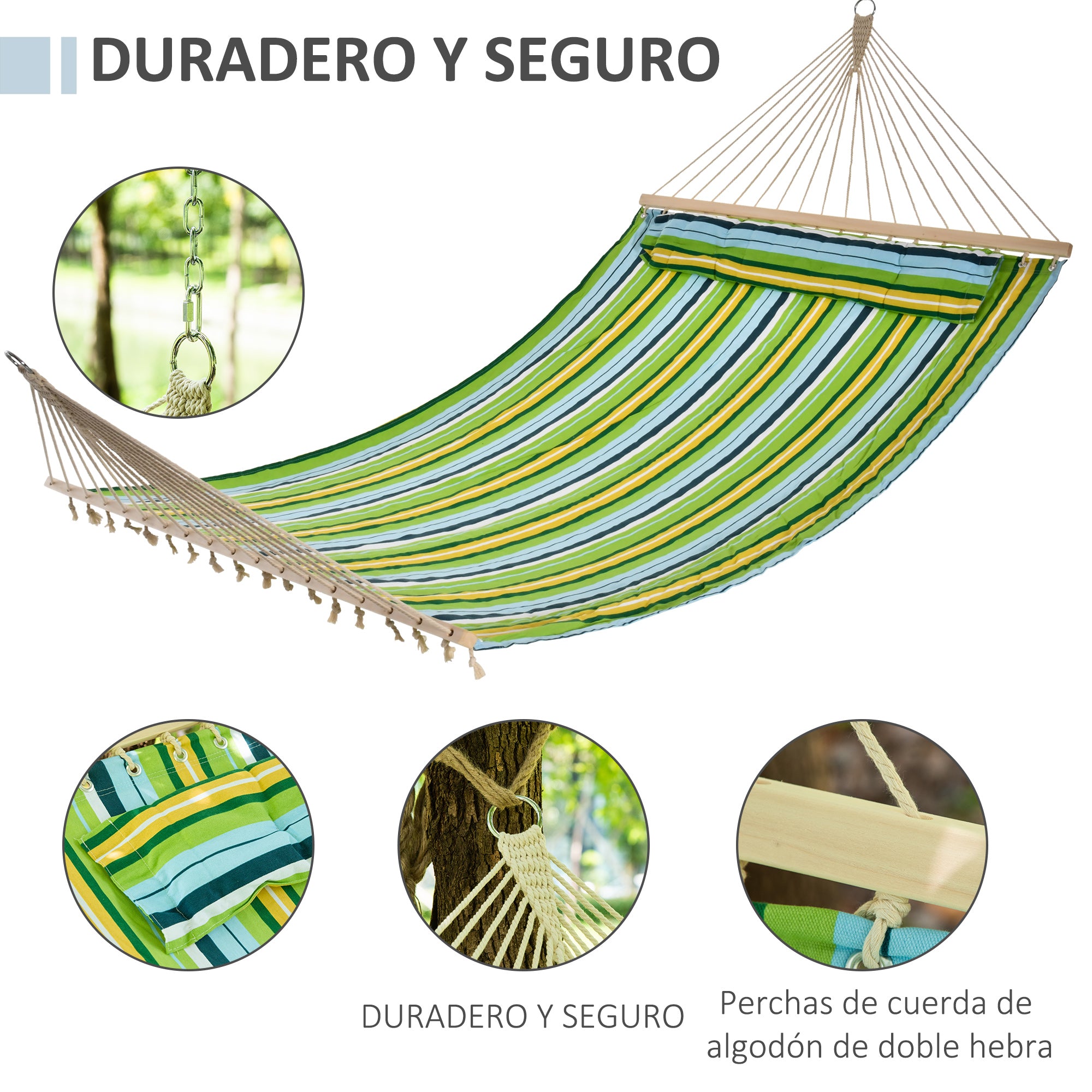 Garden Hanging Hammock for 2 People Eco-Friendly Camping Hammock with Pillow 180 kg Load Blue and Green Stripes 3.4x1.4m