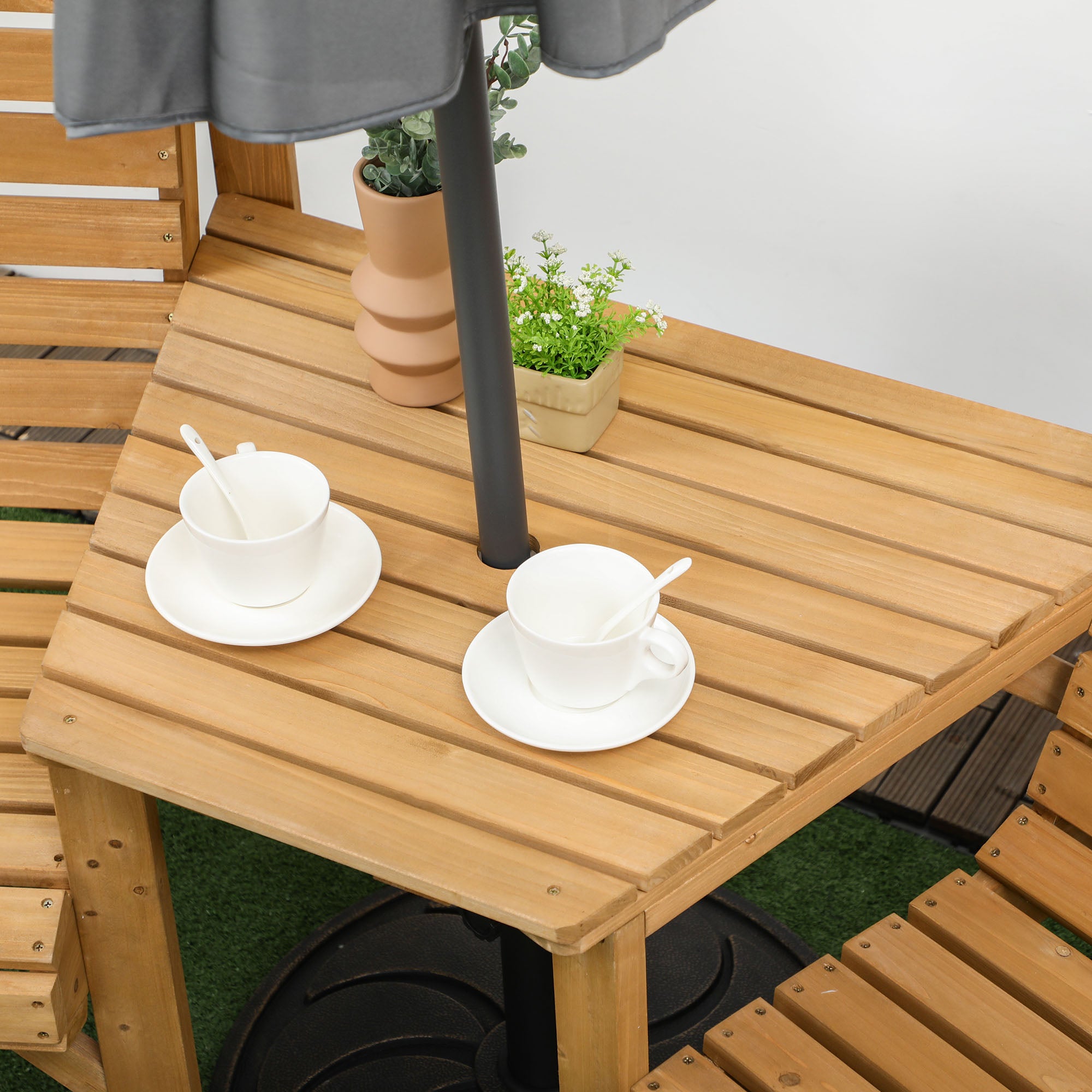 3-Piece Weatherproof Wooden Bistro Set – Slatted Design with Umbrella Hole, Brown (Pine)