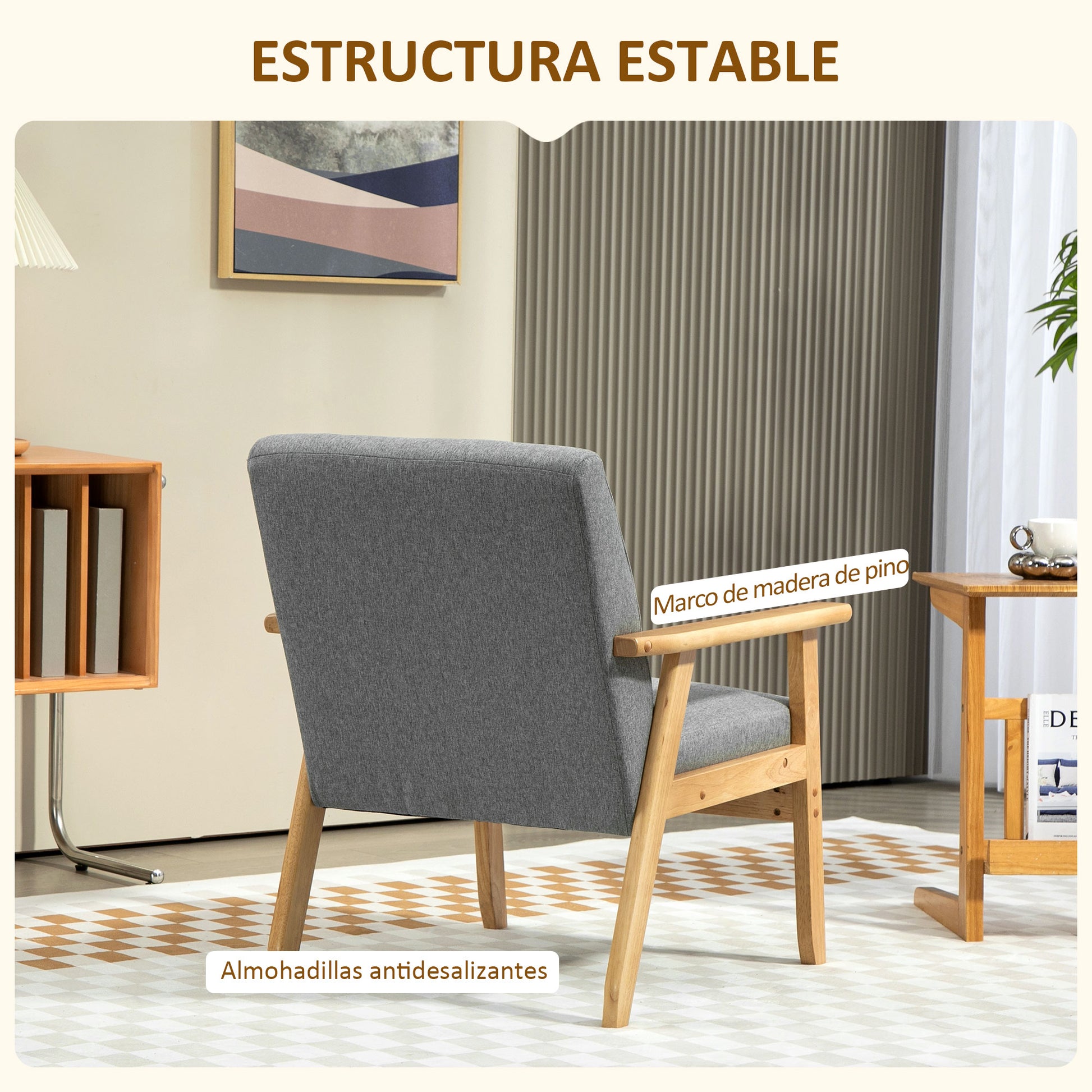 Single Sofa Upholstered in Linen with Wooden Armrests Padded Backrest Supports up to 130 kg Armchair for Living Room Bedroom Light Gray