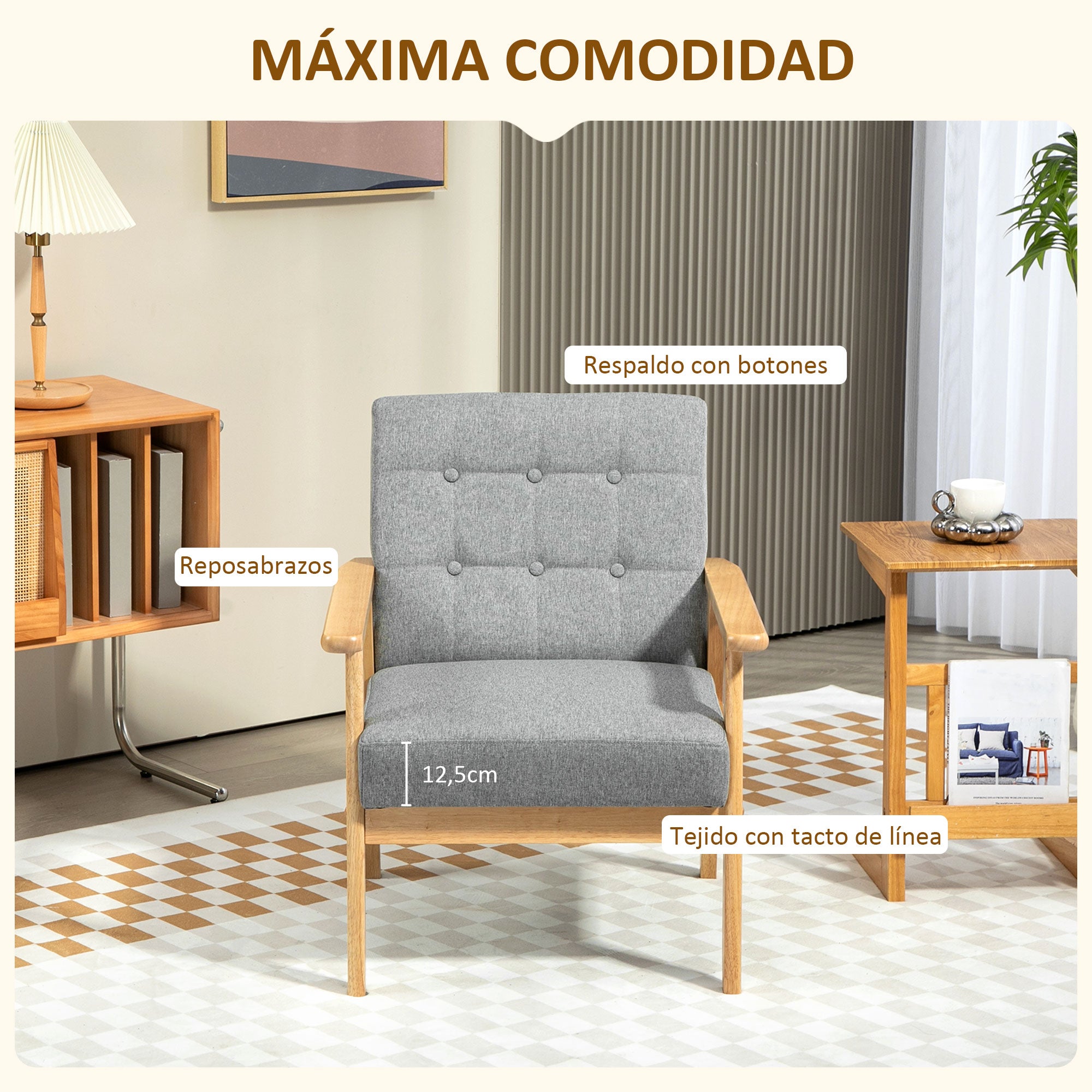 Single Sofa Upholstered in Linen with Wooden Armrests Padded Backrest Supports up to 130 kg Armchair for Living Room Bedroom Light Gray