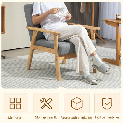 Single Sofa Upholstered in Linen with Wooden Armrests Padded Backrest Supports up to 130 kg Armchair for Living Room Bedroom Light Gray