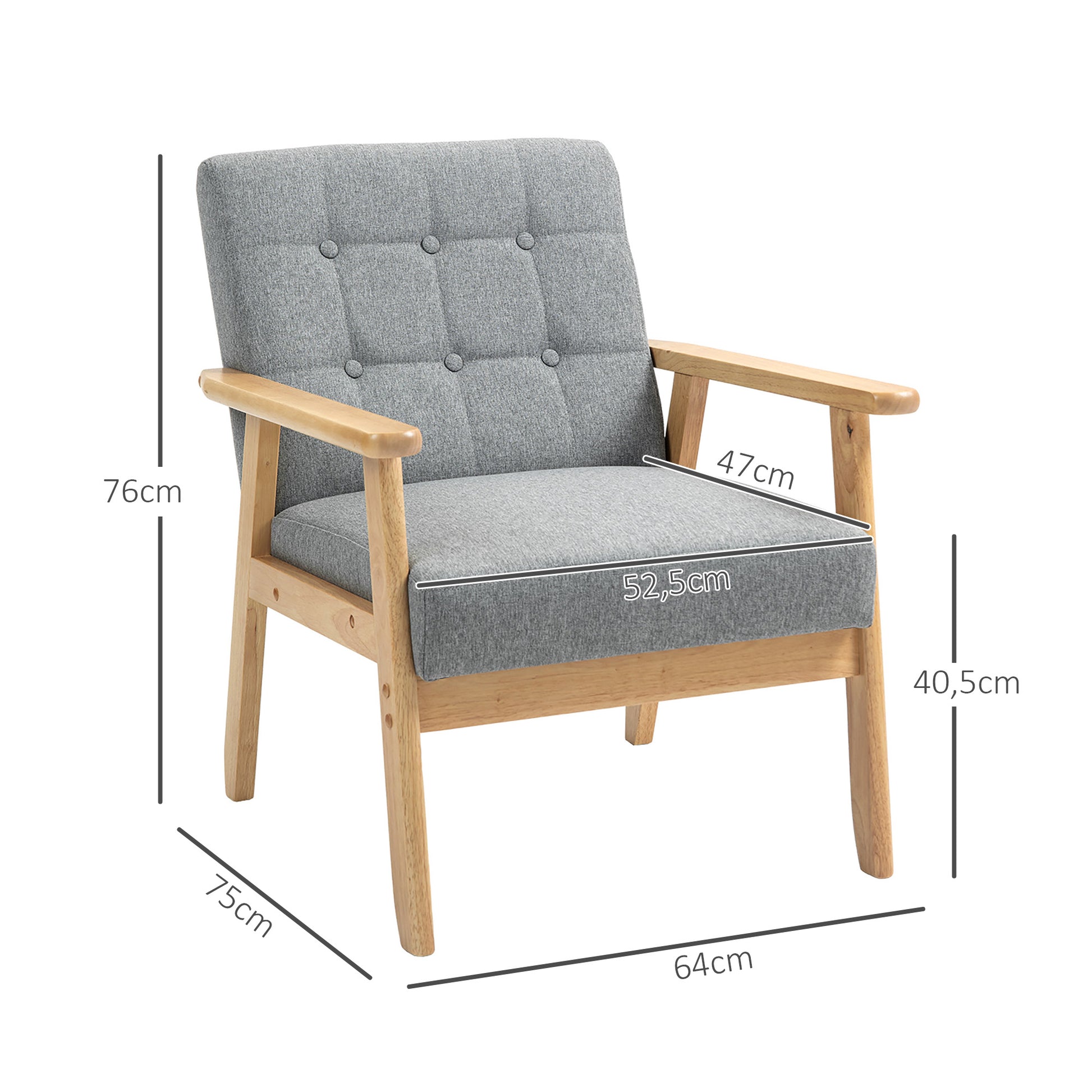 Single Sofa Upholstered in Linen with Wooden Armrests Padded Backrest Supports up to 130 kg Armchair for Living Room Bedroom Light Gray