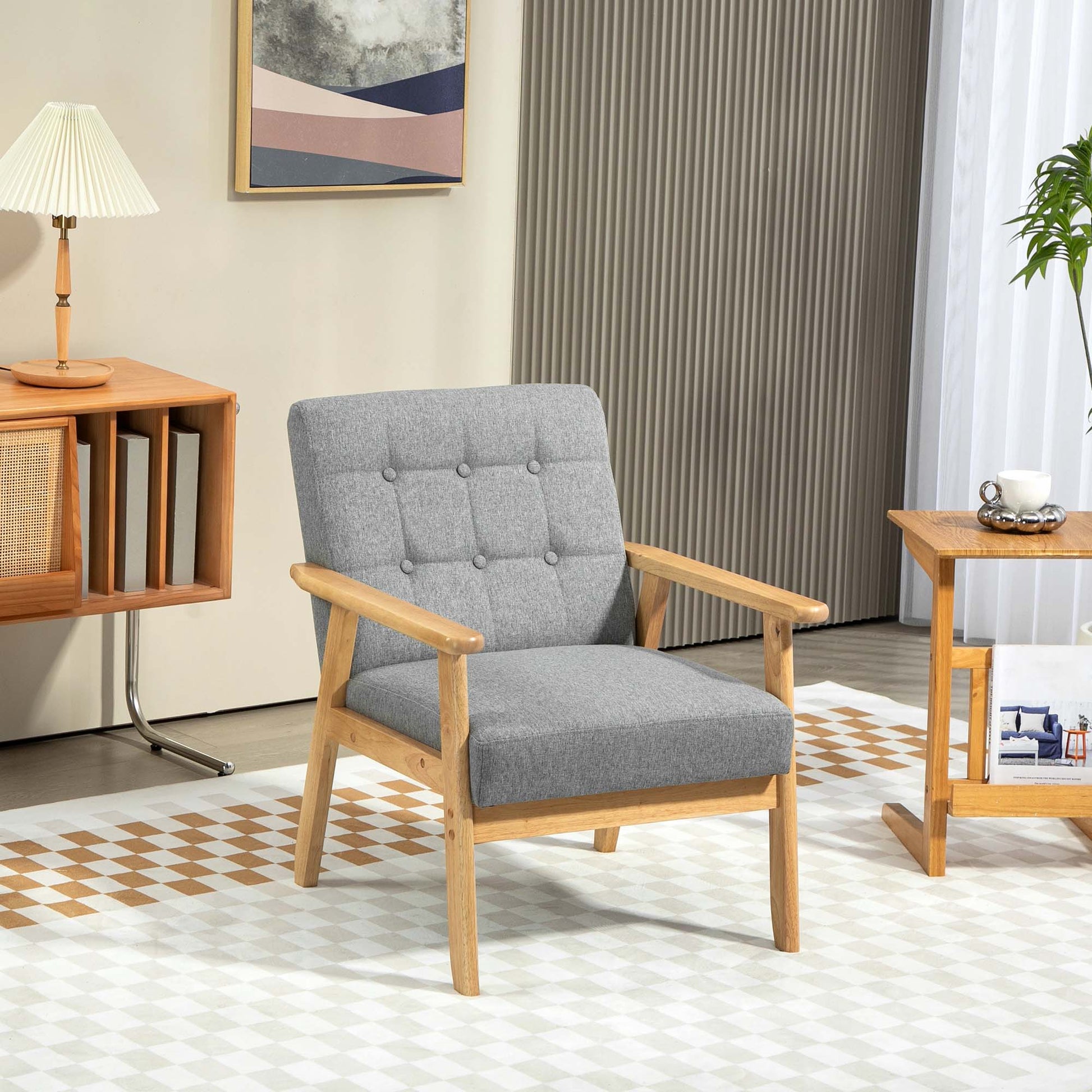 Single Sofa Upholstered in Linen with Wooden Armrests Padded Backrest Supports up to 130 kg Armchair for Living Room Bedroom Light Gray