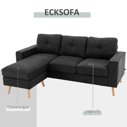 L-shaped Fabric Sofa, Couch Set in Linen Look, Corner Sofa with Chaise Longue for 3 People, Corner Couch for Living Room, Black, 193 x 136 x 85 cm