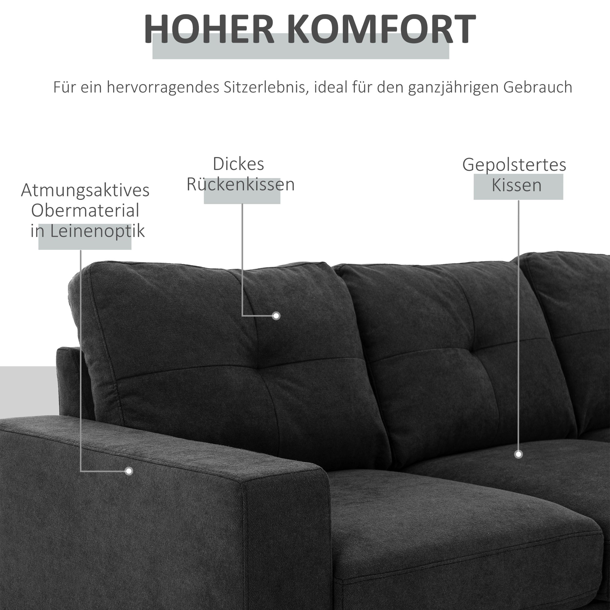L-shaped Fabric Sofa, Couch Set in Linen Look, Corner Sofa with Chaise Longue for 3 People, Corner Couch for Living Room, Black, 193 x 136 x 85 cm