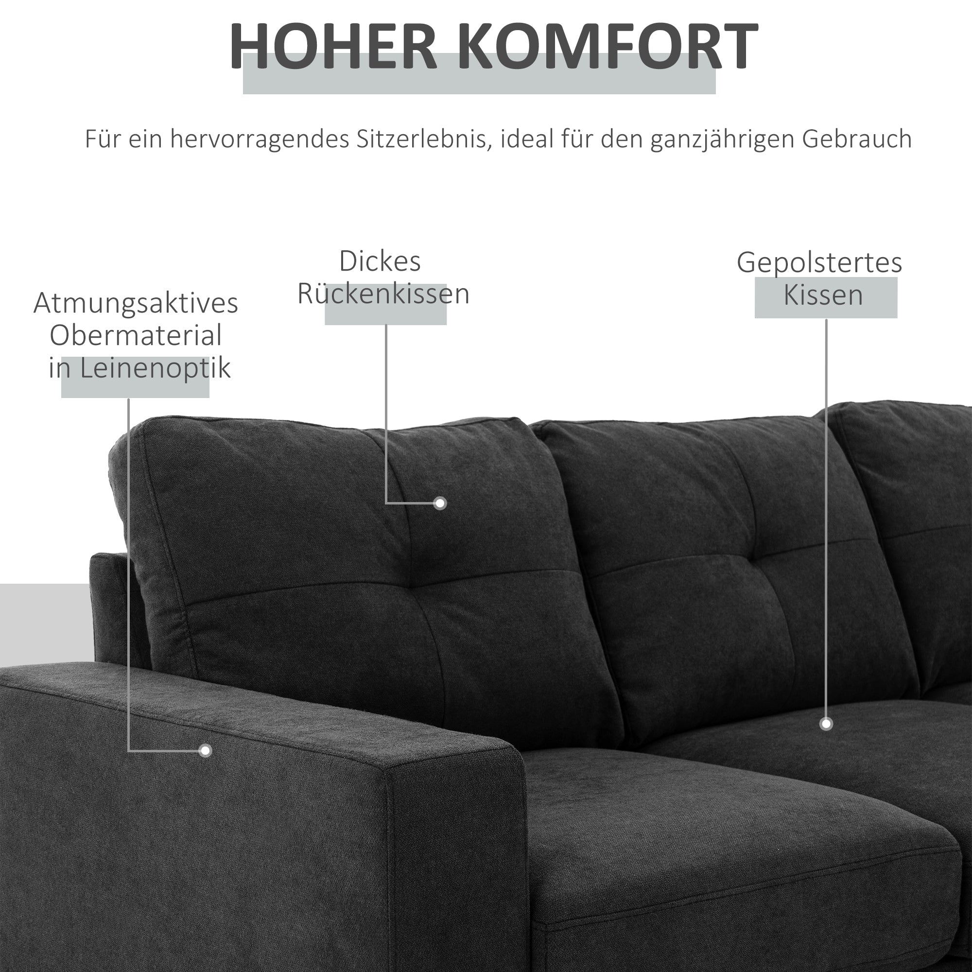 L-shaped Fabric Sofa, Couch Set in Linen Look, Corner Sofa with Chaise Longue for 3 People, Corner Couch for Living Room, Black, 193 x 136 x 85 cm