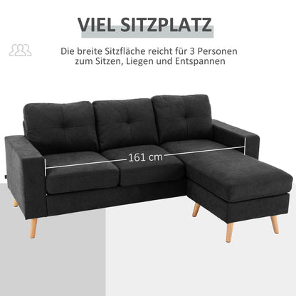 L-shaped Fabric Sofa, Couch Set in Linen Look, Corner Sofa with Chaise Longue for 3 People, Corner Couch for Living Room, Black, 193 x 136 x 85 cm