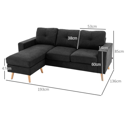 L-shaped Fabric Sofa, Couch Set in Linen Look, Corner Sofa with Chaise Longue for 3 People, Corner Couch for Living Room, Black, 193 x 136 x 85 cm