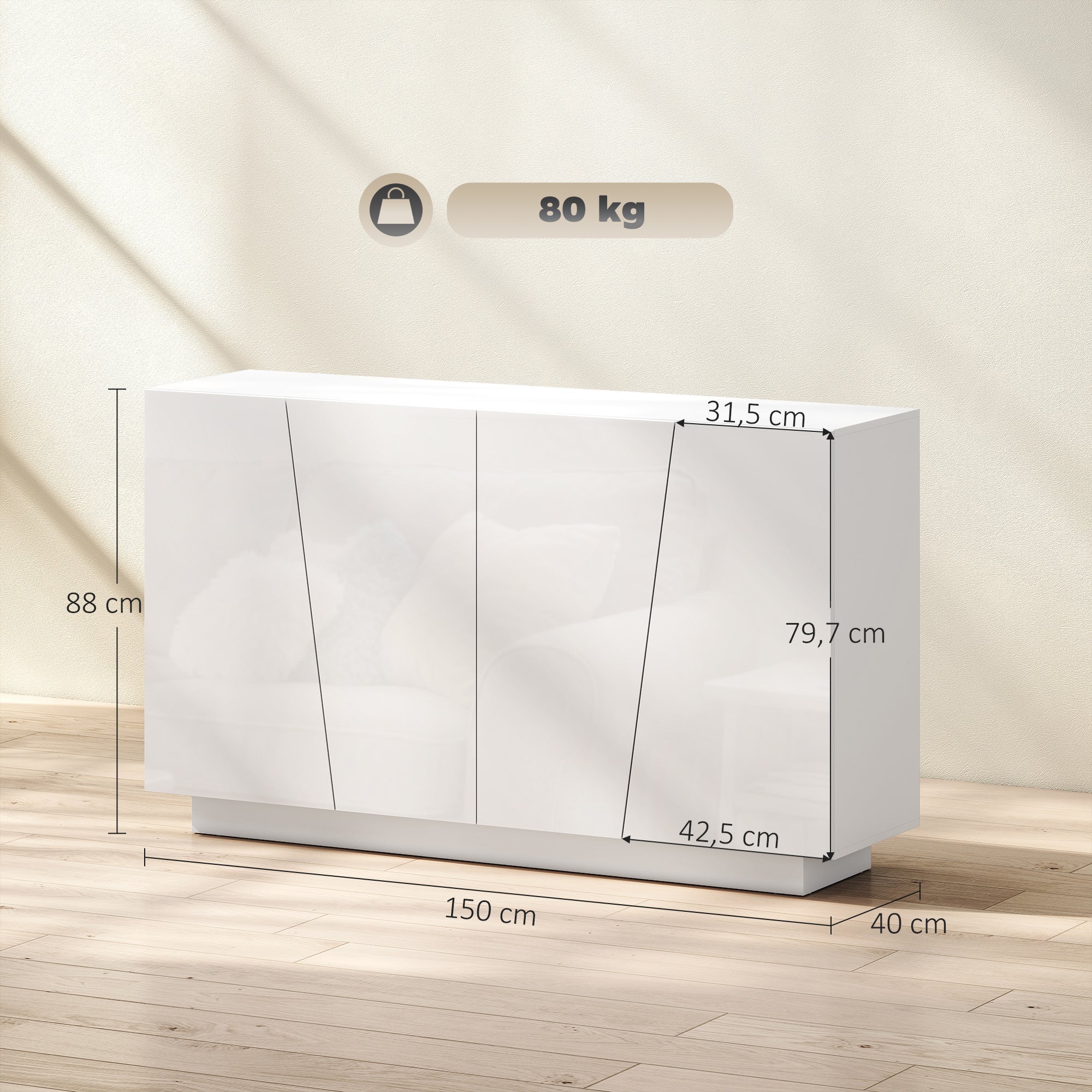 Storage Sideboard Cabinet with Doors and Adjustable Shelf, Storage Wardrobe for Living Room, Kitchen, Bedroom, 150 x 40 x 88 cm, White Gloss
