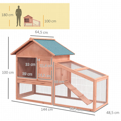 Small Animal Cage with Asphalt Roof Run Hutch Double Decker Natural Tannenholz 144 x 64.5 x 100 cm