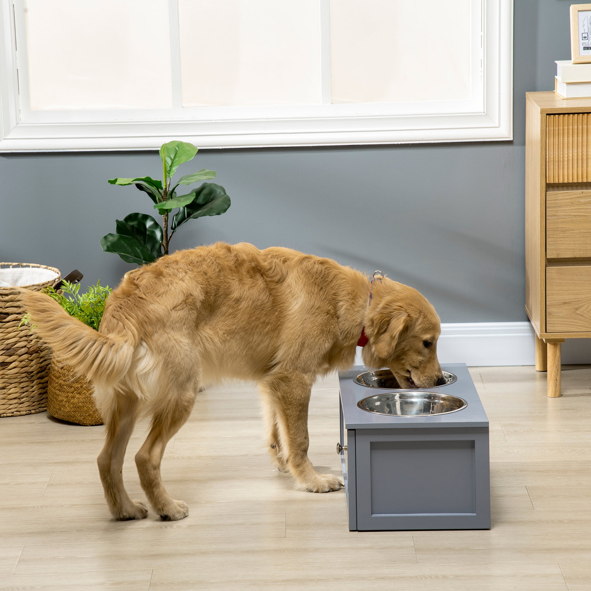 Elevated Dog Bowl Feeding Bowl with Drawer Water Bowl 2 x 2000ml Stainless Steel Bowls Food Bowl Feeding Station Dog Bowls for Medium Dogs Cats Gray