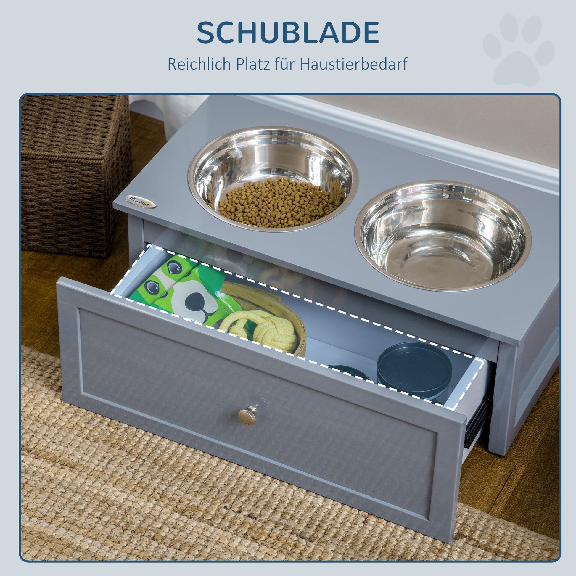 Elevated Dog Bowl Feeding Bowl with Drawer Water Bowl 2 x 2000ml Stainless Steel Bowls Food Bowl Feeding Station Dog Bowls for Medium Dogs Cats Gray