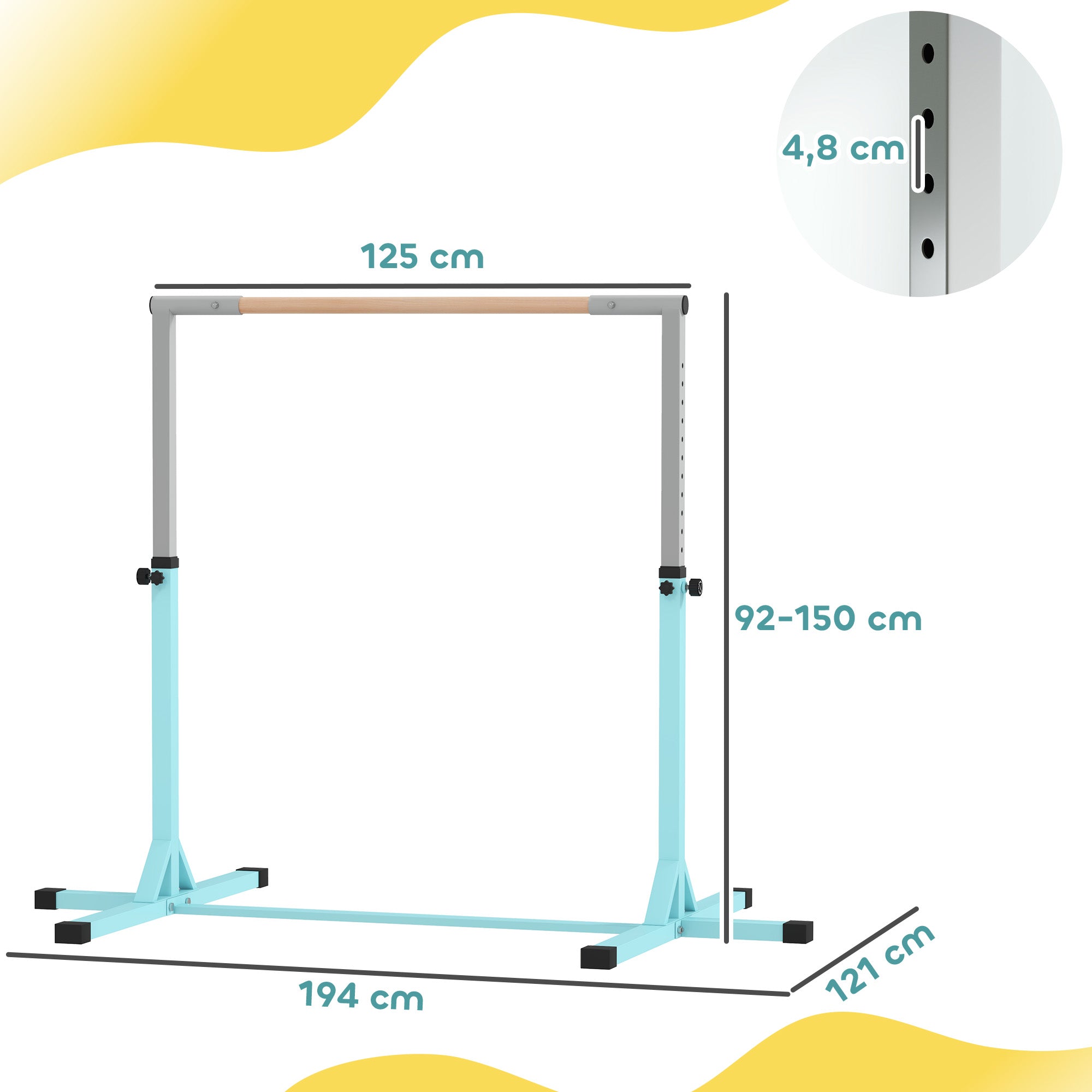 Adjustable Kids Gym Bar – 13 Heights (36–59 in), Beech Wood Bar & Steel Frame, Anti-Slip, Cyan