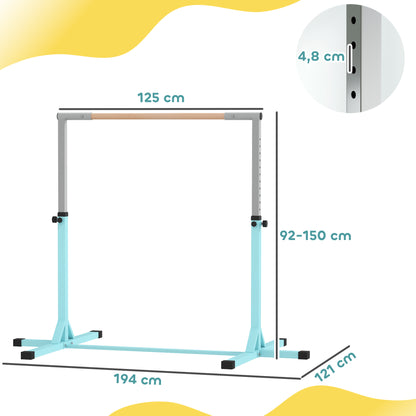 Adjustable Kids Gym Bar – 13 Heights (36–59 in), Beech Wood Bar & Steel Frame, Anti-Slip, Cyan