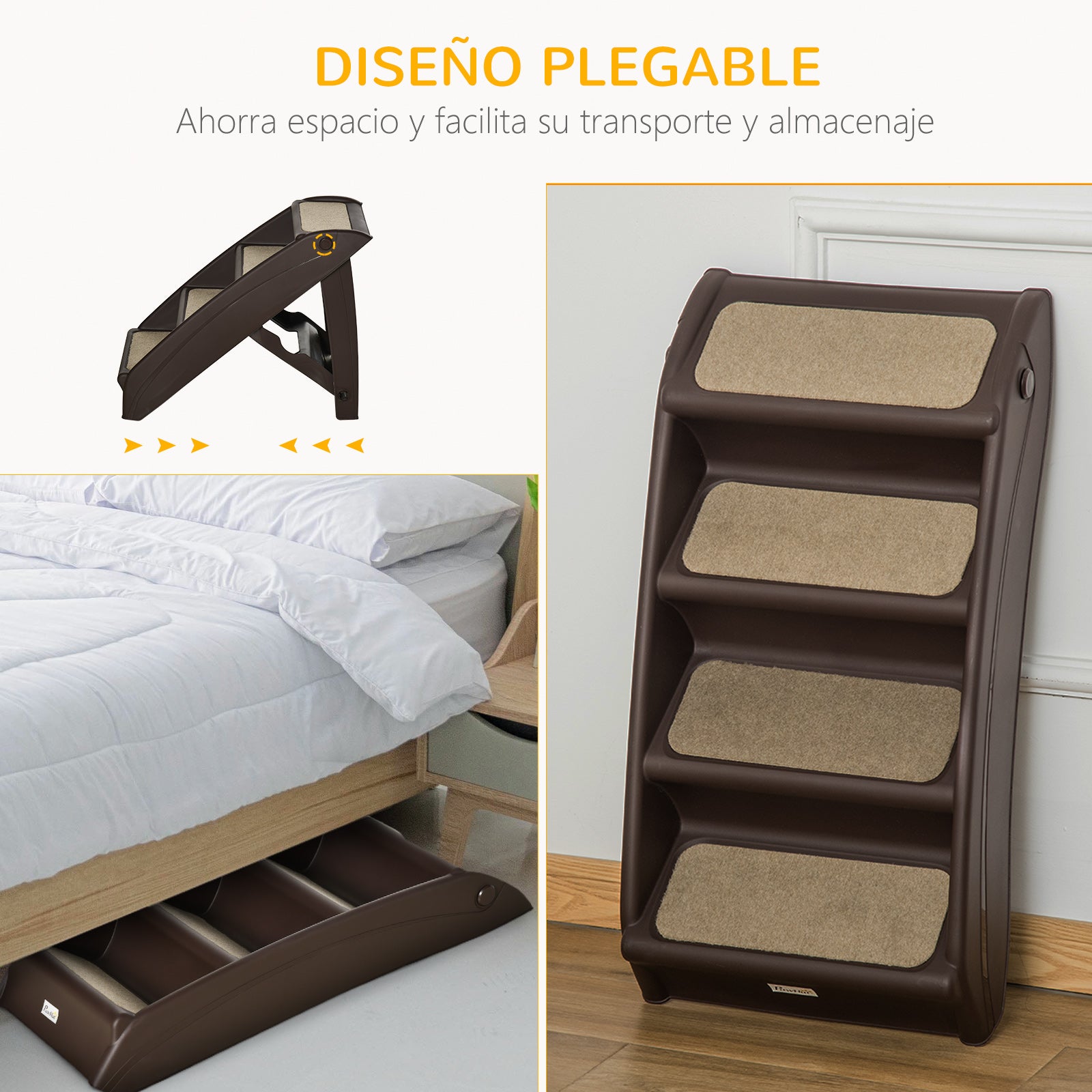 Foldable Pet Stairs with 4 Steps for Dogs Cats Portable with Anti-Slip Mats for Bed Sofa Load 20 kg 62x38x49.5 cm Dark Brown