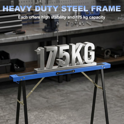 Set of 2 Folding Metal Work Sawhorses with EVA Anti-Slip Top, Carry Handle – Space-Saving Sawhorses for Woodworking, 350 kg (772 lb) Capacity, Blue & Black