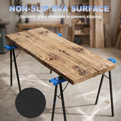 Set of 2 Folding Metal Work Sawhorses with EVA Anti-Slip Top, Carry Handle – Space-Saving Sawhorses for Woodworking, 350 kg (772 lb) Capacity, Blue & Black