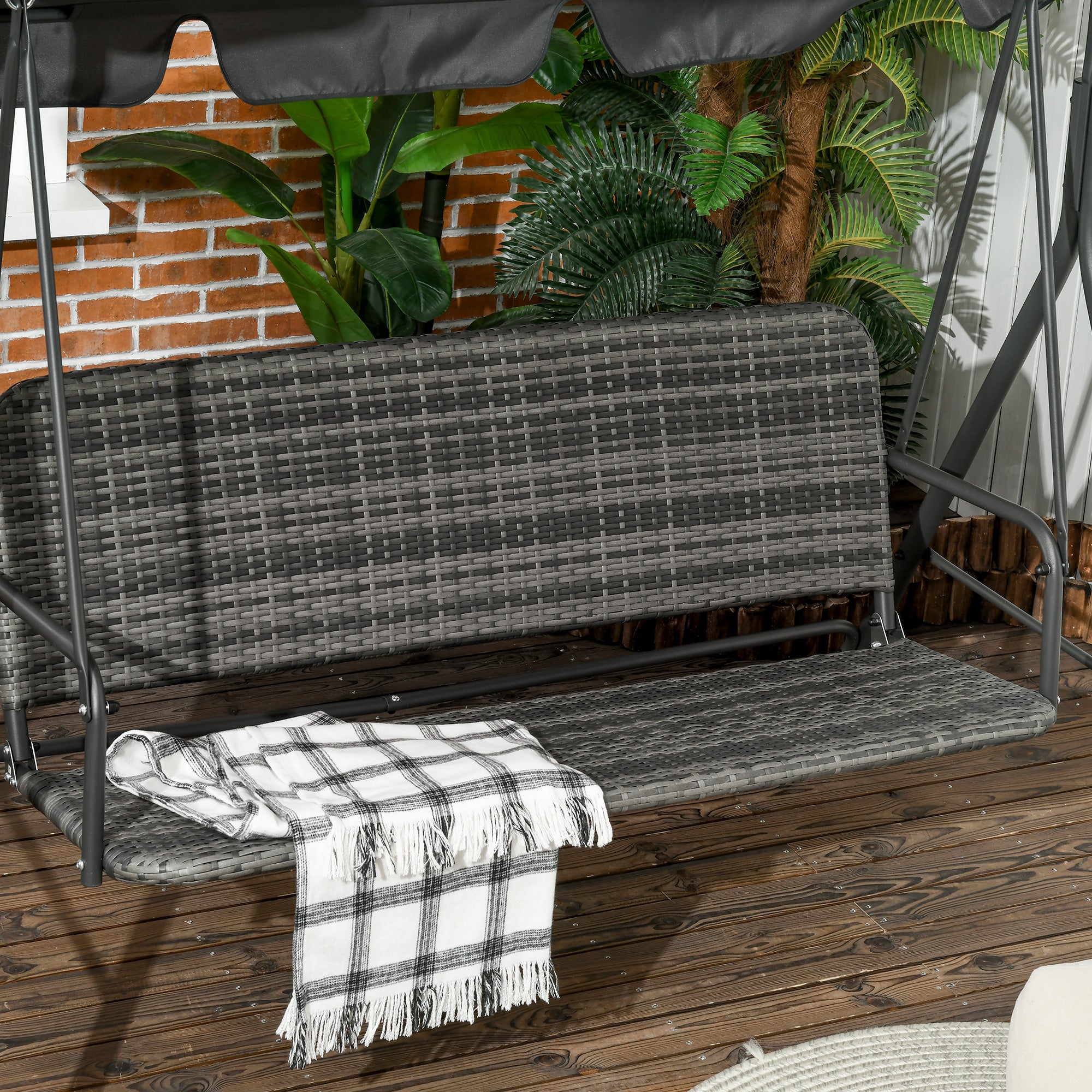 Three-Seater Outdoor Garden Swing with Adjustable Canopy PE Rattan Seat and Armrests for Balcony Terrace Patio Load 240 kg 167x112x153 cm Gray