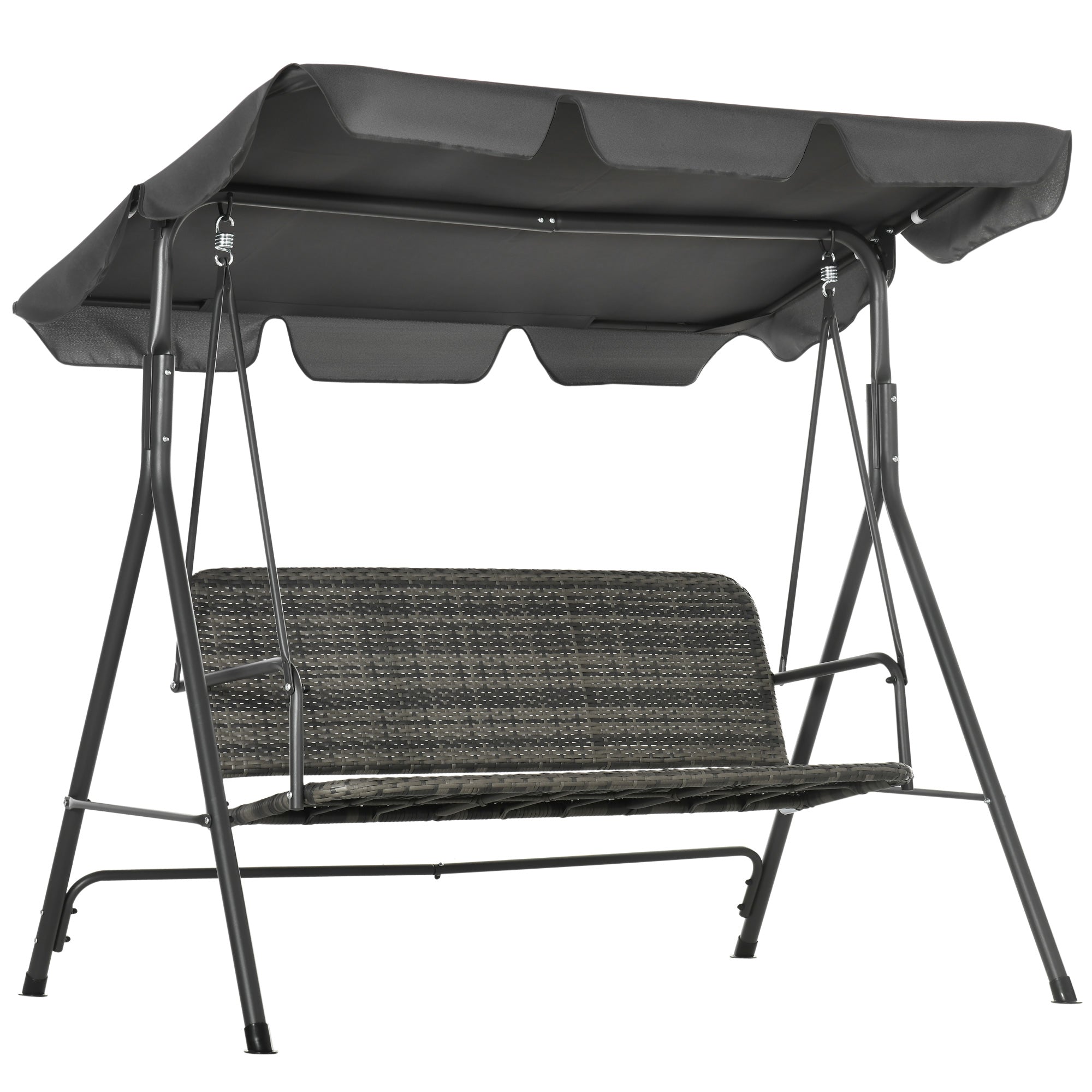 Three-Seater Outdoor Garden Swing with Adjustable Canopy PE Rattan Seat and Armrests for Balcony Terrace Patio Load 240 kg 167x112x153 cm Gray