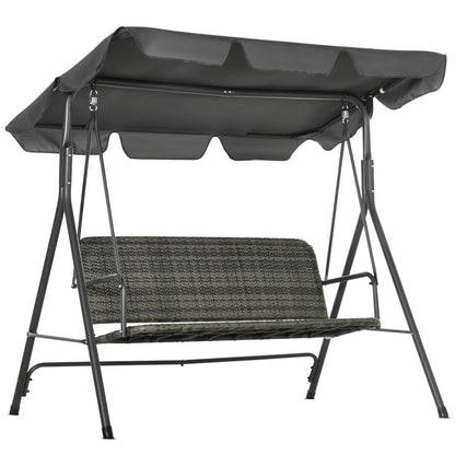 Three-Seater Outdoor Garden Swing with Adjustable Canopy PE Rattan Seat and Armrests for Balcony Terrace Patio Load 240 kg 167x112x153 cm Gray