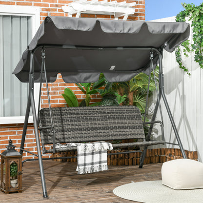 Three-Seater Outdoor Garden Swing with Adjustable Canopy PE Rattan Seat and Armrests for Balcony Terrace Patio Load 240 kg 167x112x153 cm Gray