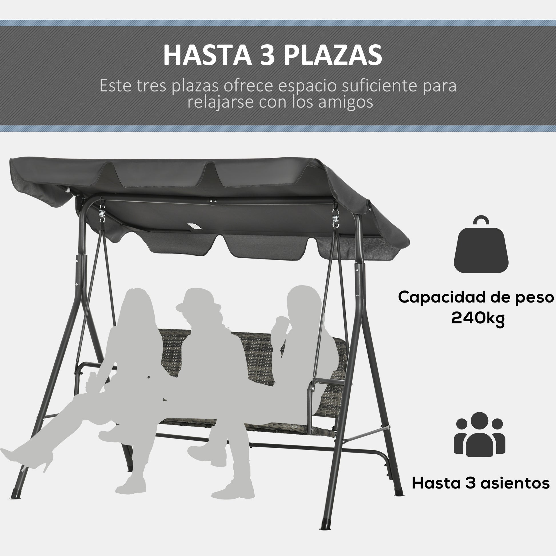 Three-Seater Outdoor Garden Swing with Adjustable Canopy PE Rattan Seat and Armrests for Balcony Terrace Patio Load 240 kg 167x112x153 cm Gray