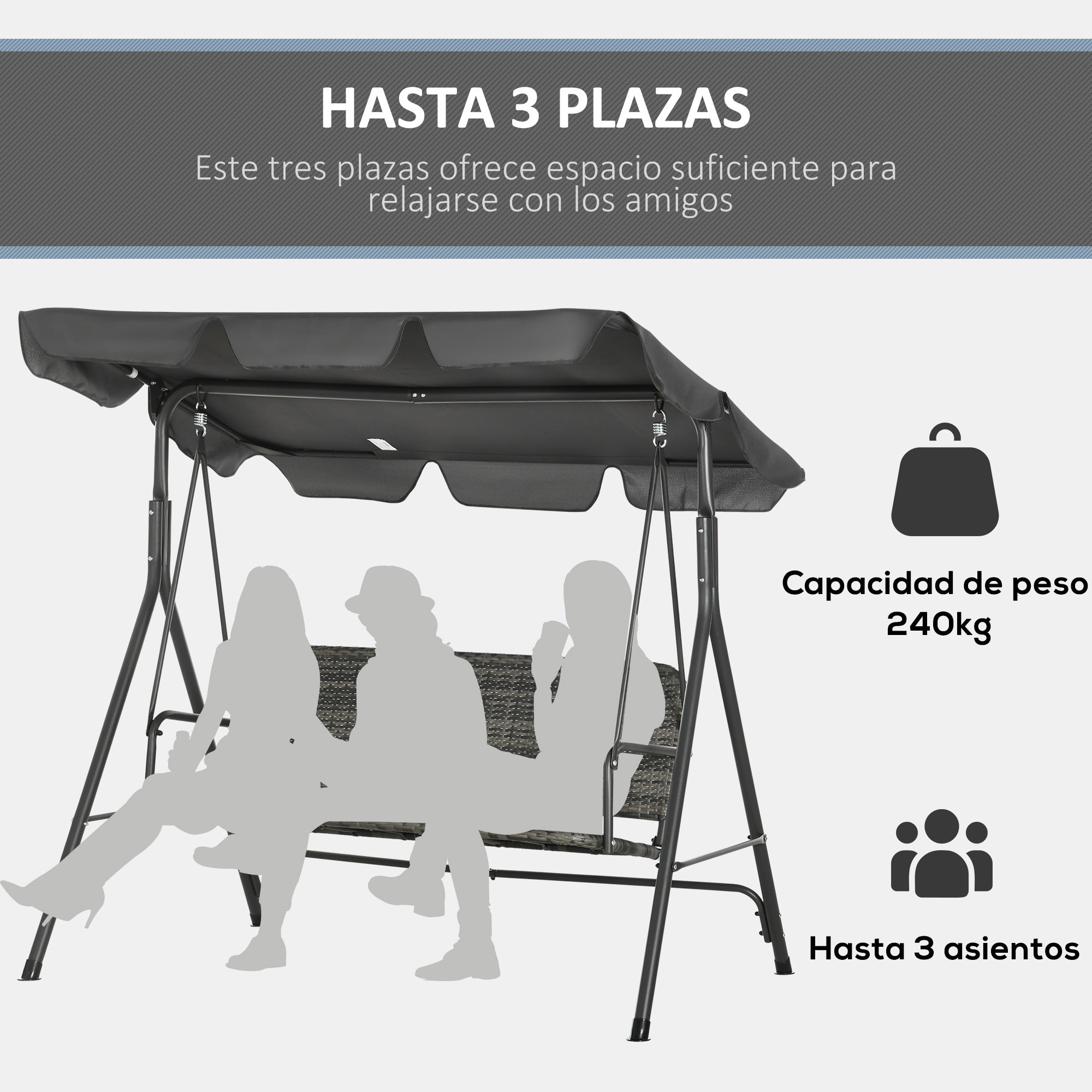 Three-Seater Outdoor Garden Swing with Adjustable Canopy PE Rattan Seat and Armrests for Balcony Terrace Patio Load 240 kg 167x112x153 cm Gray