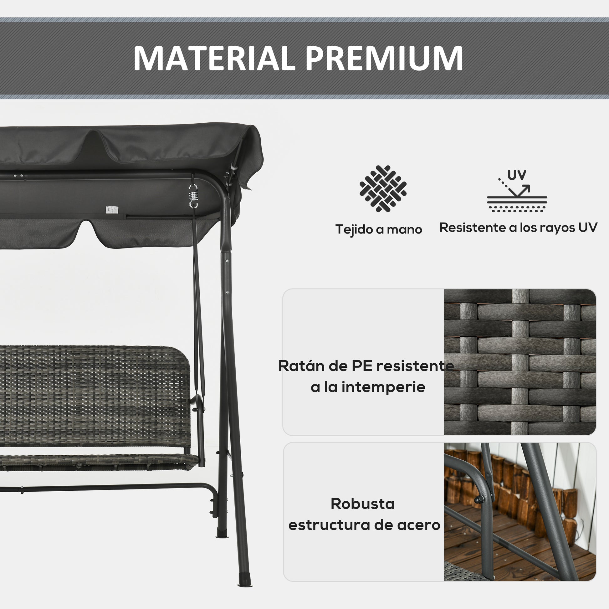 Three-Seater Outdoor Garden Swing with Adjustable Canopy PE Rattan Seat and Armrests for Balcony Terrace Patio Load 240 kg 167x112x153 cm Gray
